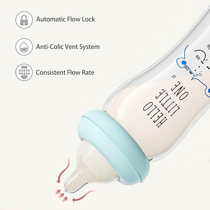 YOHKOH Natural Glass Baby Bottle with Natural Response Nipple, Newborn Anti-Colic Baby Bottles, Wide Neck Mushroom Cap Baby Bottle, Clear (8.8ounce (Pack of 2), Blue1)