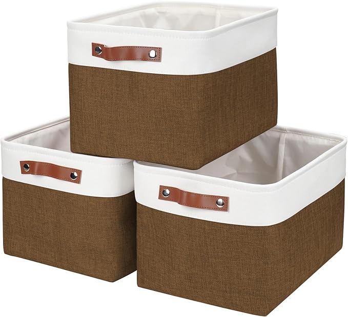 Storage Bins Large Fabric Storage Baskets for Shelves 3 Pack, Decorative Linen Closet Baskets with Handles for Organizing, Shelf, Clothes, Home, Office, 15x11x9.5Inches (Brown&White)