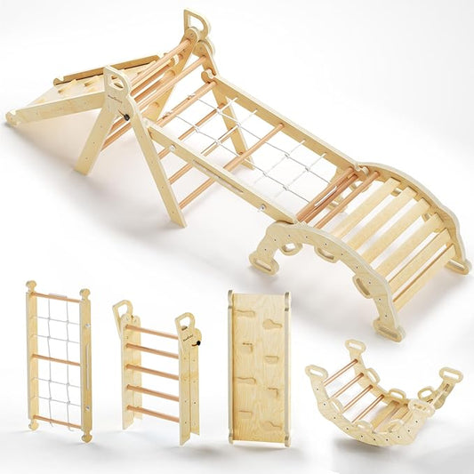 BlueWood 2025 8-in-1 Pikler Triangle Climbing Set Toddler Toys Indoor Baby Jungle Gym Climber Playground for Kids - Natural Wood