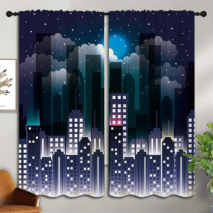 Superhero Rod Pocket Blackout Curtains for Boy Girl Bedroom, Violet Night Sky Buildings Cityscape Thermal Insulated Home Window Drapes for Living Room Darkening, 72x63 inch
