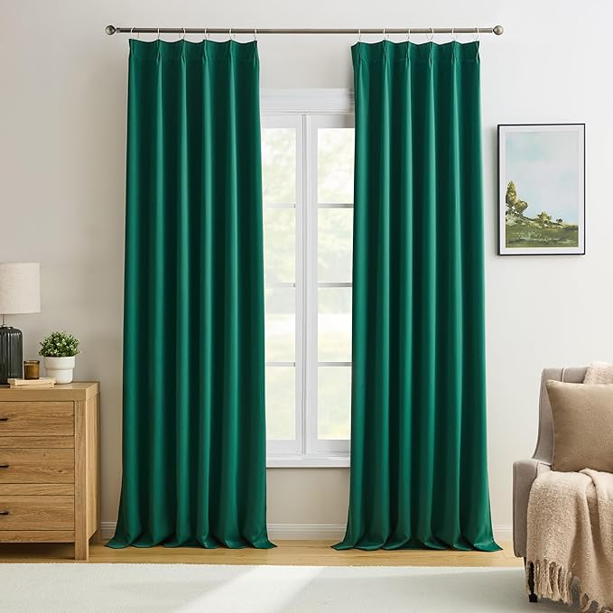 KEQIAOSUOCAI Dark Hunter Green Window Draperies 108 Inches Long 9 FT Tall, Pinch Pleat Room Darkening Thermal Insulated Curtains for Living Room Emaerald Green 40 x 108-inch 2 Panels