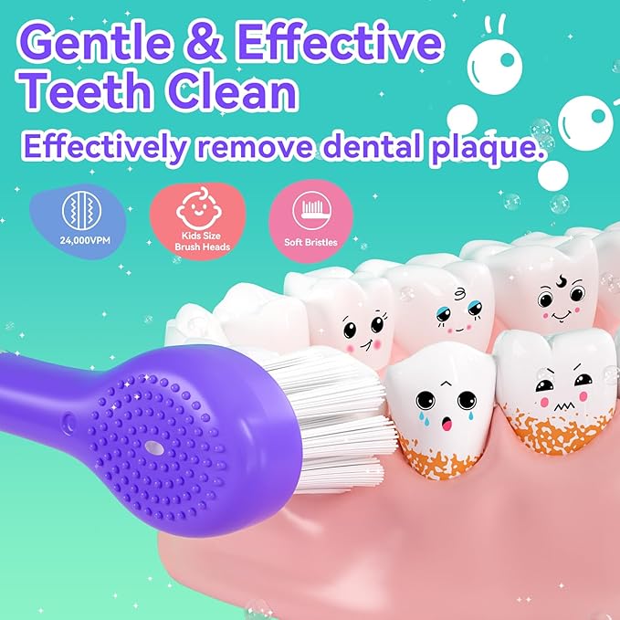 SEAGO Kids Electric Toothbrushes Rechargeable, Toddler Electric Toothbrush with Magnetic Charging, LED Observing Light, 8 Toothbrush Heads for Ages 2-4-6 Boys Girls (Purple)