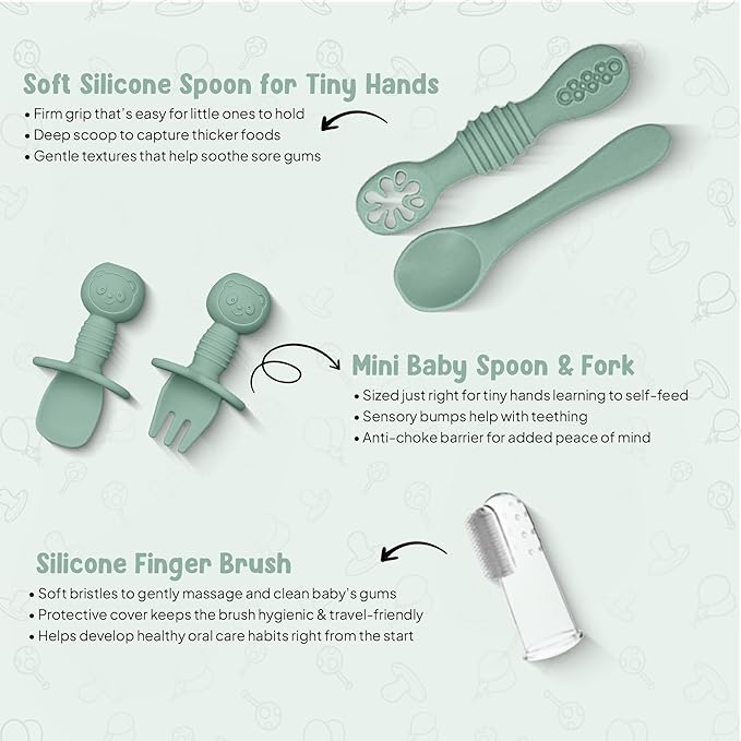 O'doe 11-Piece BPA-Free Silicone Baby Feeding Set | Thick & Soft Suction Plates, Baby Bowls, Wooden Fork & Spoon, and More | Make Mealtime Fun and Easy for Your Little One (Green, V1)