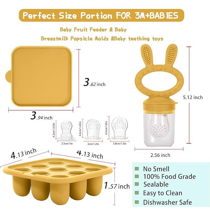 WAJIAYON Baby Breastmilk Popsicle Molds & Baby Fruit Feeder (2 Pack), Baby Food Freezer Tray Storage Containers, Silicone Teething Pacifier Feeder and Teether for Babies,Baby Feeder - Yellow