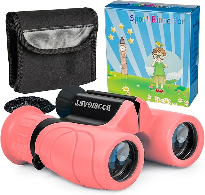 Pink Binoculars for Kids Ages 4-12, Durable & Lightweight Outdoor Telescope for Girls, Educational STEM Toy with Clear Vision, Adjustable Focus, Carry Bag (Perfect for Bird Watching, Camping, Travel)