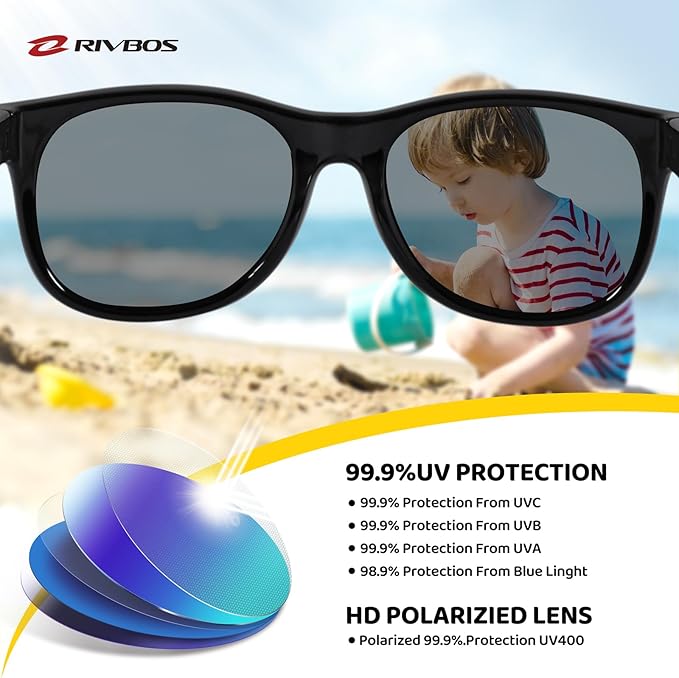 RIVBOS Kids Sunglasses Polarized UV Protection Flexible Rubber Glasses Shades with Strap for Boys Girls RBK004