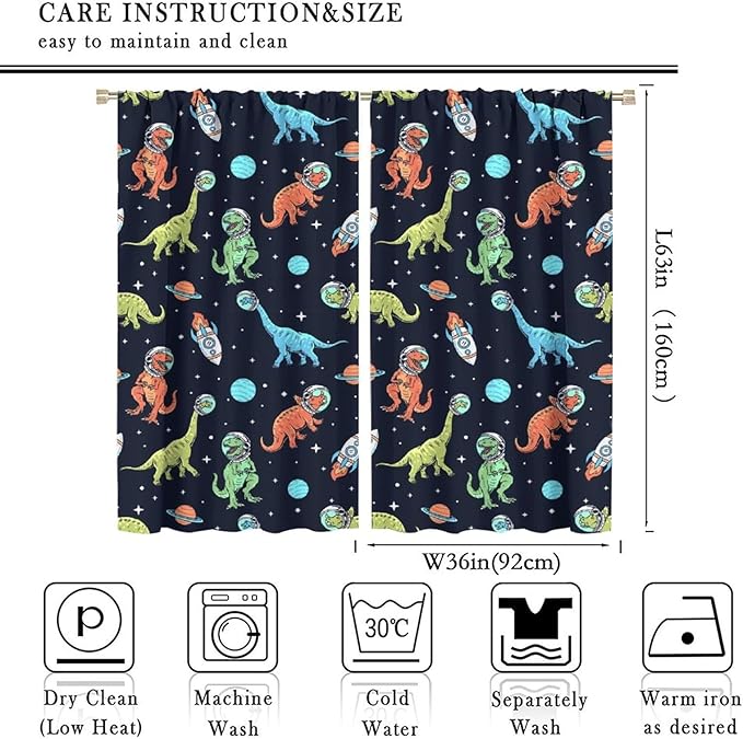 Cartoon Dinosaur Curtains for Kids Boys Girls Home Decor, Astronaut Rocket Funny Outer Space Blackout Rod Pocket Window Drapes for Bedroom Living Room W36xL63in 2 Panels