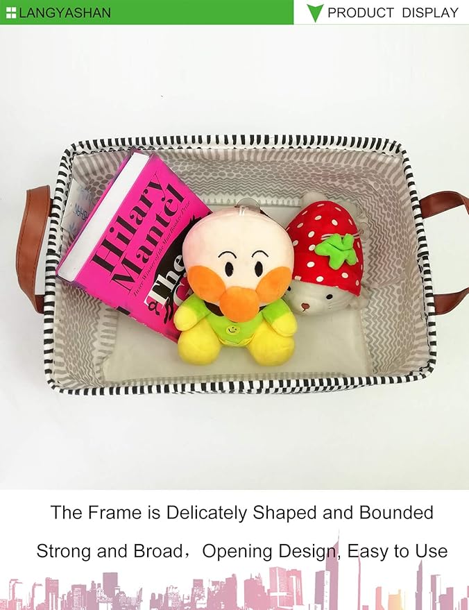 LANGYASHAN Rectangular Storage Bin Collapse Canvas Fabric Cartoon Storage Basket with Handles for Organizing Home Kitchen Boys and Girls Toys Office Closet Shelf Baskets (Rec Black line)