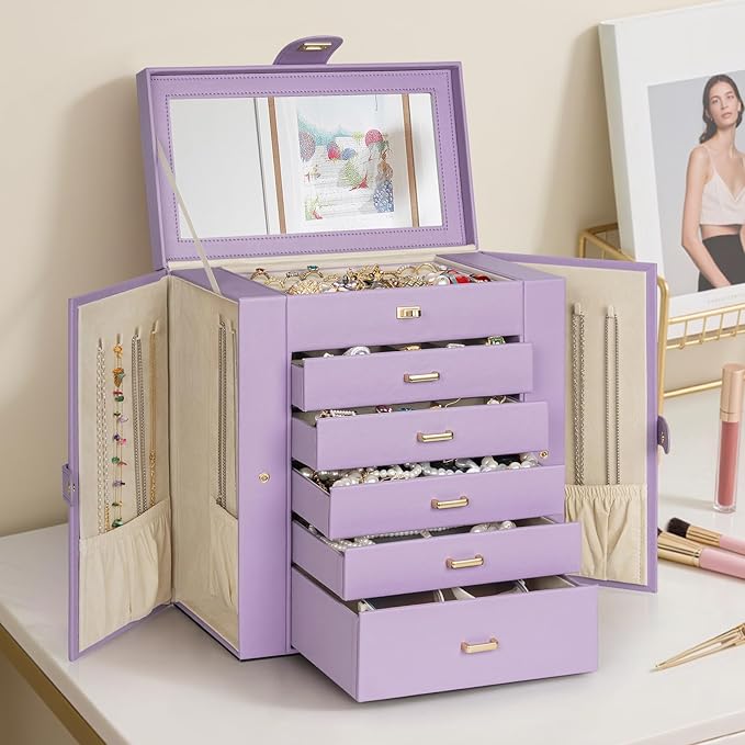 AKOZLIN Extra Large 6-Tier Jewelry Box Organizer Functional Huge, 5 Drawers Leather Jewelry Storage Case for Women Girls Ring Necklace Earring Bracelet Holder Organizer with Mirror Violet