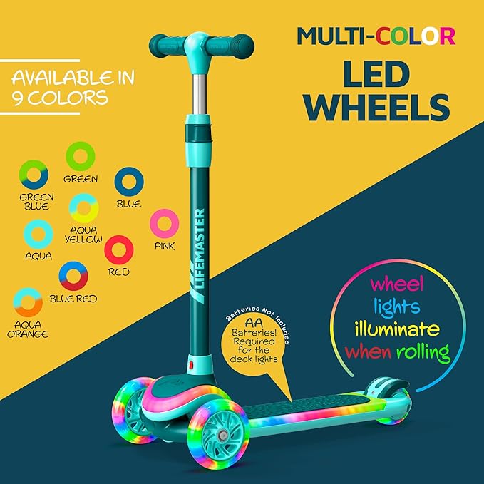 3-Wheel Kids Scooter with Multi-Color Lights on Deck & Wheels – 5-Height Adjustable Handlebar, Wide Anti-Slip Deck, Child Safety Certified, Boys & Girls Ages 3+ Supports Up to 150 lbs