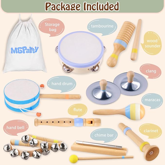 Montessori Musical Instruments for Toddlers, Wooden Baby Music Set with Drum, Flute, Clarinet, Chime Bar, Bells Cymbals, Natural Sensory Learning Toys for Boys Girls 1-3 Years Old
