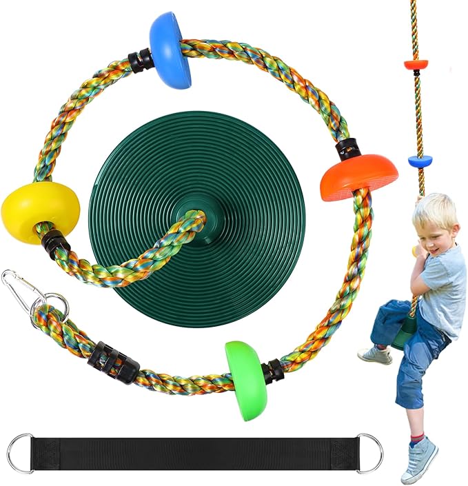 Tree Swing Climbing Rainbow Rope, Heavy Duty Swing Disc Seat Replacement for Kids with Hanging Strap and Platform Carabiners Indoor/Outdoor Playground Accessories (Green)