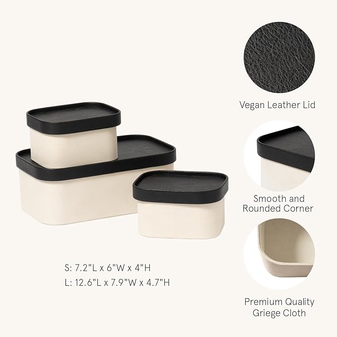 LA JOLIE MUSE Fluted Cardboard Storage Baskets with Leather-Like Lids, Sturdy Stackable Paper Boxes Decorative Tray, Black & Beige, Set of 3
