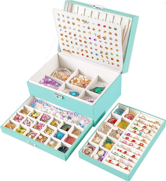 Earrings Jewelry Box for Girls, 5 Layers Jewelry Organizer with Earring Holder Organizer for Girls Earring Organizer Jewelry Boxes for Women Earrings and Necklaces Jewelry Box Organizer Teal