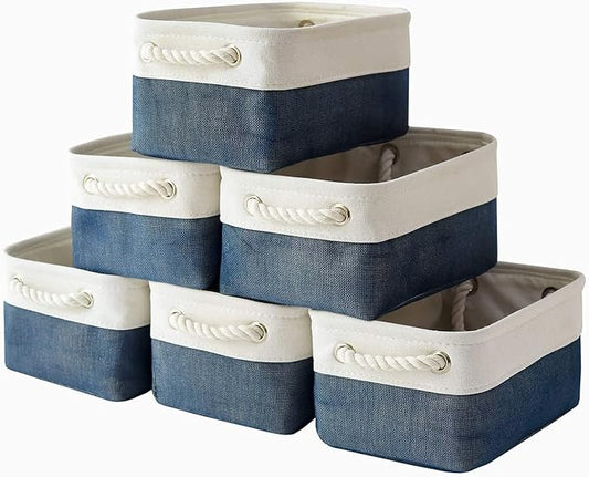 TheWarmHome Storage Basket for Organizing - Small 12x8x5.2 inch 6 Pack Collapsible Storage Bin for Shelves, Canves Storage Cubes for Organizer Cloth Box Gift Toys Closet (White & Jean Blue)