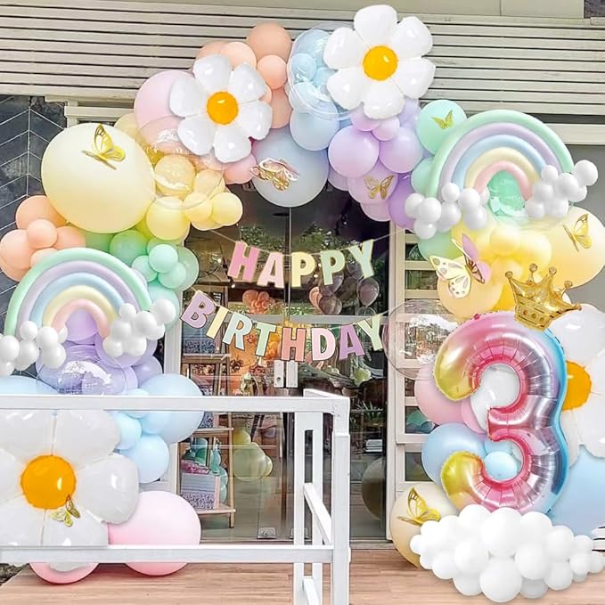 Daisy 219Pcs Balloons Garland Kit with Number 3 Balloon, Banner, Cake Topper, Rainbow Birthday Party Decorations for 3 Year Old Girl
