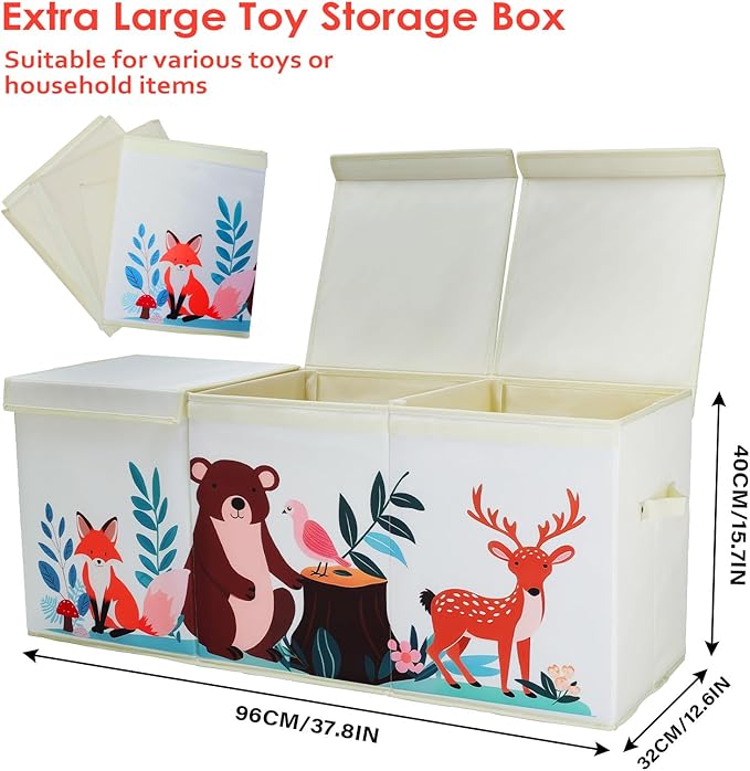 Toy Box Chest for Kids, Collapsible Oxford Toy Storage Box with Handles for Boys Girls, Extra Large Sturdy Waterproof Toy Organiser for Bedroom Playroom, 37.7×12.5×15.7 Inch (Forest Animals)