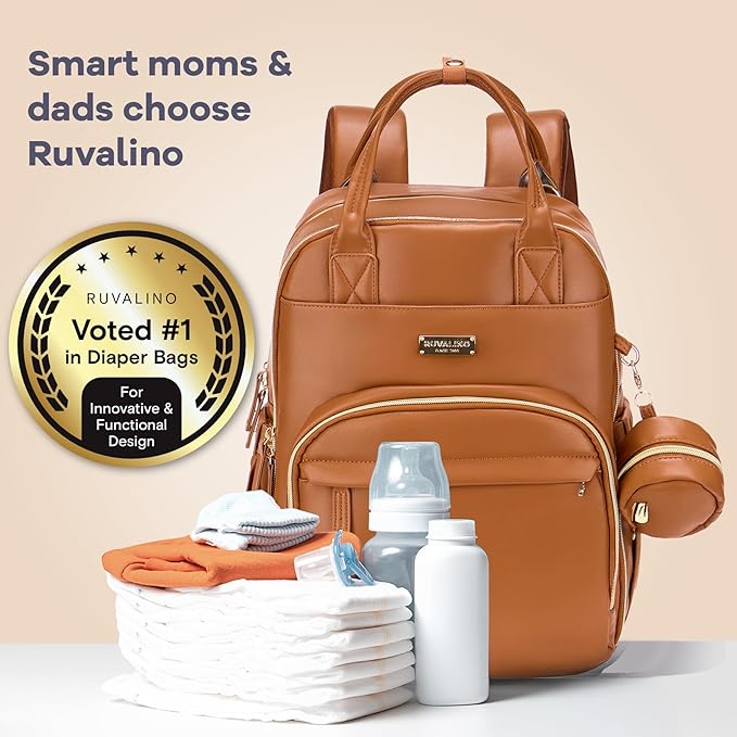 RUVALINO Diaper Bag Backpack, Multifunction Travel Pack Maternity Baby Changing Bags, Large Capacity, Waterproof, Brown