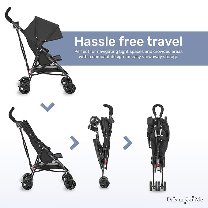 Dream On Me Rover Convenience Baby Stroller in Black, Lightweight & Compact Umbrella Stroller, Easy one-Hand fold Travel Stroller, Lockable Rear Wheels, Removable & Adjustable Canopy