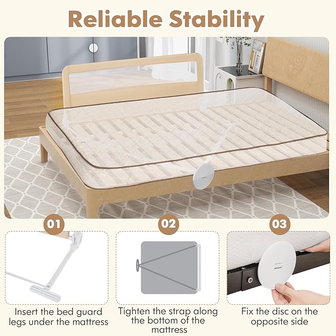 BABY JOY Bed Rails for Toddlers, 59'' Extra Long, Swing Down Bed Guard w/Safety Strap, Folding Baby Bedrail for Kids Twin, Double, Full Size Queen & King Mattress (59-Inch, Beige)