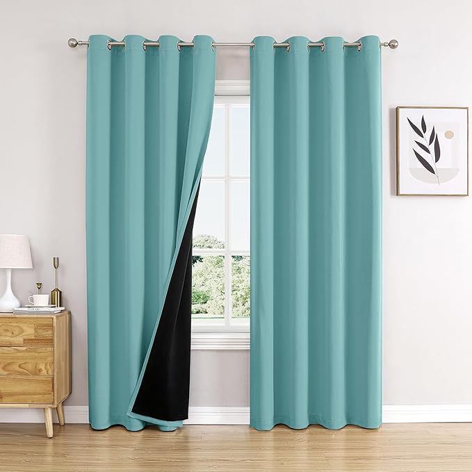 ChrisDowa 100% Blackout Curtains 80 inch Long for Bedroom with Black Liner, 2 Thick Layers Total Blackout Thermal Insulated Grommet Window Curtains 2 Panels Set (Aqua, 52 x 80 Inch)