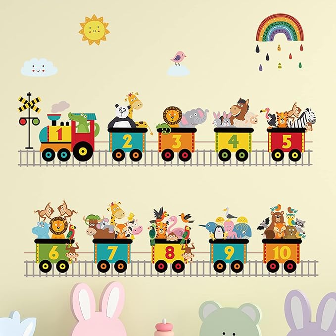 Alphabet Train Color Learning Educational Wall Decals Peel and Stick Cute Animal Wall Stickers for Educational Classroom Kids Playroom Bedroom Decorations (Train numbers02)