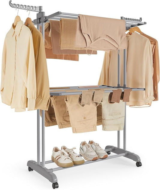 SONGMICS Clothes Drying Rack 3-Tier, Foldable Laundry Drying Rack 58.3-Inch Tall, Stainless Steel, Rolling Clothes Horses, Clothes Airer, Indoor Outdoor Use, Dove Gray ULLR702G01