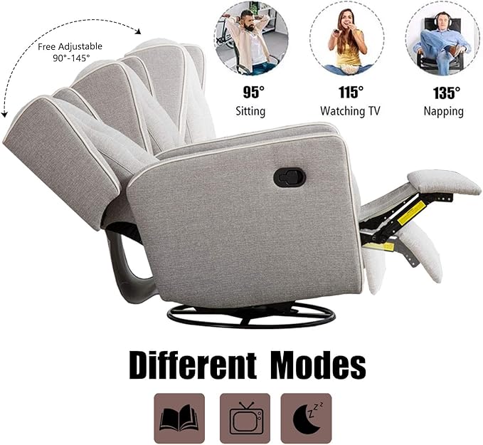 Swivel Rocker Recliner Chair Set of 2, Nursery Glider Chair, Nursery Rocking Chairs, Manual Reclining Chair, Grey