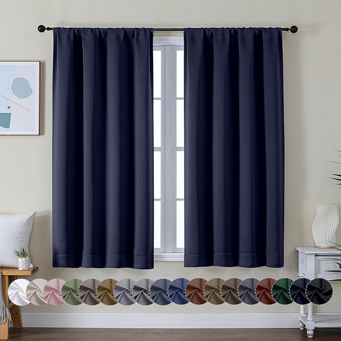 Simplebrand Ava Navy Blue Short Blackout Curtains for Bedroom 54 Inches Long 2 Panels Set, Solid Thermal Insulated, Energy Saving Window Treatment Curtains Blackout Drapes, W40 x L54 Inch, Navy Blue