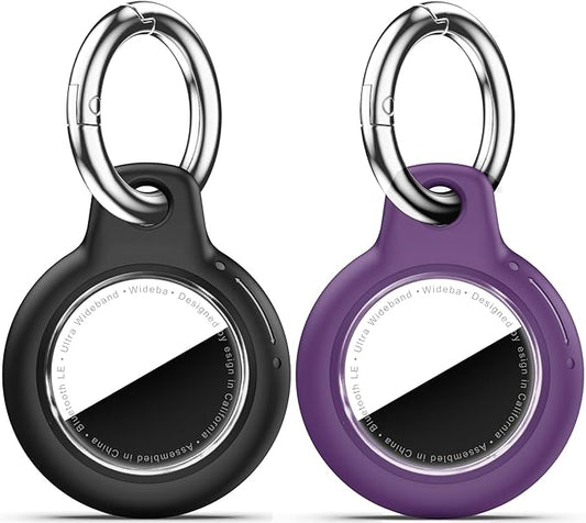 Upgrade Waterproof 2 Pack Airtags Holder with Apple Airtags Keychain, Hard PC Air Tag Case, Anti-Scratch & Shock Air tag Holder, Men's Women's Keyrings & Keychains-Black+Dark Purple
