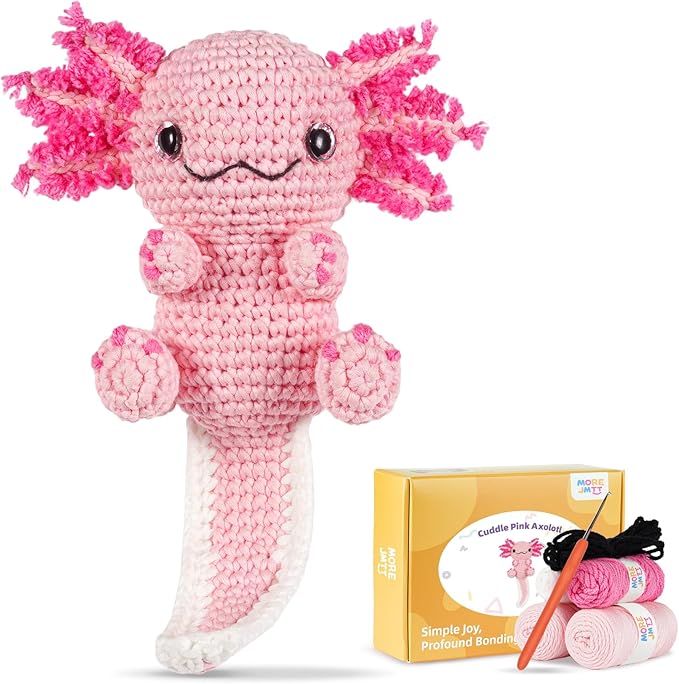 Crochet Kit for Beginners, Learn to Crochet, Include Easy Knitting Soft Yarn, Step-by-Step Video Tutorial, Hook, Holiday Birthday Gift for Adults and Kids(Happy Axolotl)
