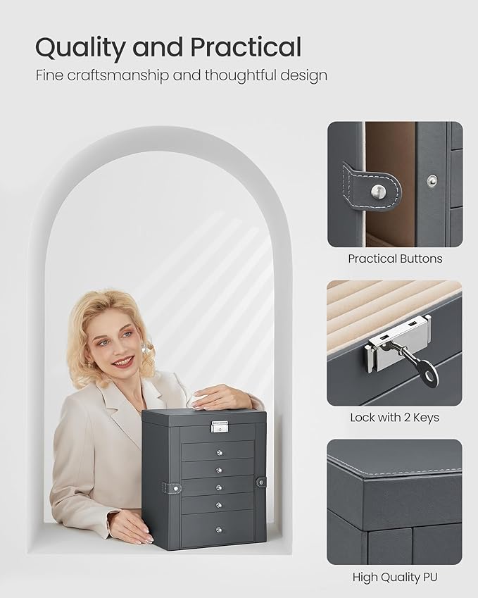 SONGMICS 6 Tier Jewelry Box, Jewelry Storage Organizer with 5 Drawers, Large Storage Capacity, with Mirror, Lockable, Jewelry Case, Gift for Loved Ones, For Watches, Gray UJBC152G01