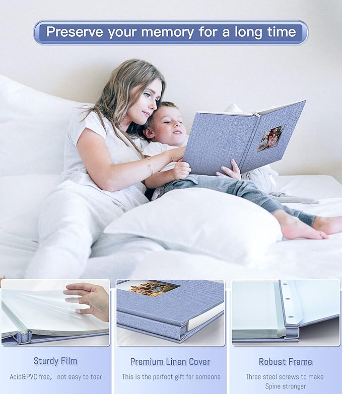 popotop Photo Album Self Adhesive with Picture Display Window,60 Pages DIY Scrapbooking Supplies Kit for 4x6 10x12 Picture,Linen Cover Memory Book for Baby Wedding, with Scraper and Metallic Pen