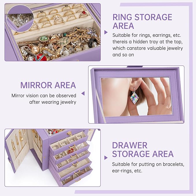 AKOZLIN 6-Tier Jewelry Box Organizer Functional 5 Drawers Leather Jewelry Storage Case for Women Girls Ring Necklace Earring Bracelet Holder Organizer with Mirror Violet
