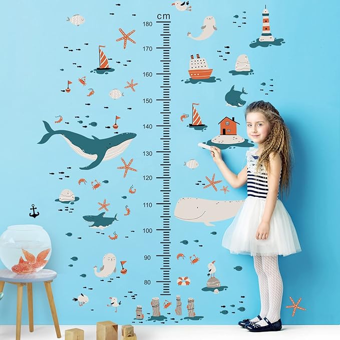 3D Cartoon Height Growth Chart for Kids Wall Decal Removable DIY Whale Ocean Animal Wall Decal Peel and Stick Sailing House Art Decor for Kids Nursery Bedroom Living Room Bathroom Decor