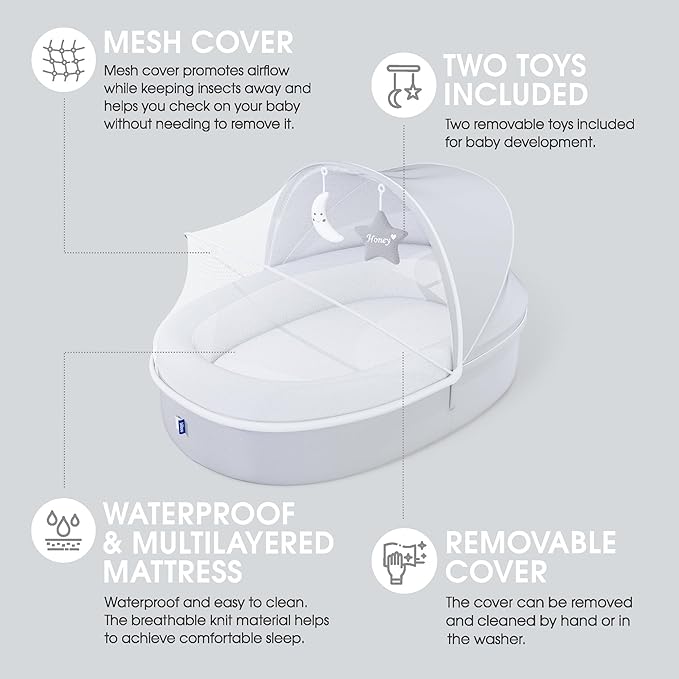 Premium Portable Baby Lounger Nest – Foldable Travel Bassinet for Newborn & Infant with Mesh Canopy, 2 Toys, Waterproof Mattress & Removable Cover – Cream