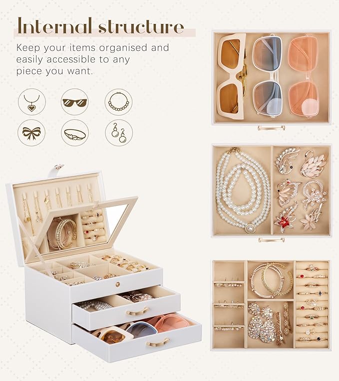 White Jewelry Box Organizer: Home Decor for Women - 2-Drawer Holder for Valentine’s Day Birthday Christmas White Grey-Purple