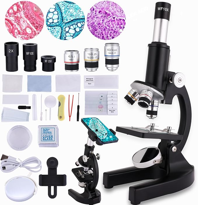 Microscope for Kids 40X-2000X, Microscope for Children 8-12 Years Old with LED Fill Light, Slides and specimens Ideal for School Labs Homeschooling