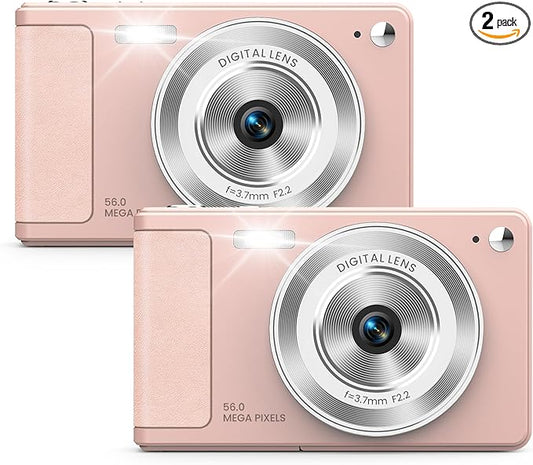 WONNIE Digital Camera 56MP, FHD 1080P Point & Shoot Camera with 32GB SD Card, 2 Batteries, and Lanyard, Ideal for Kids & Teens, Suitable Gift for Girls，Pink, 2-Pack