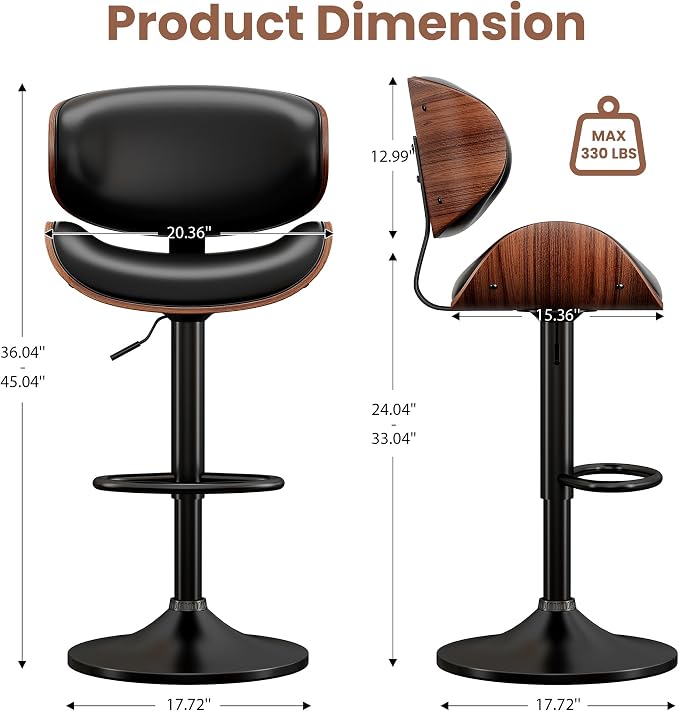 YaFiti Bar Stools Set of 4, Bentwood Adjustable Height Swivel Bar Stools - Image 3