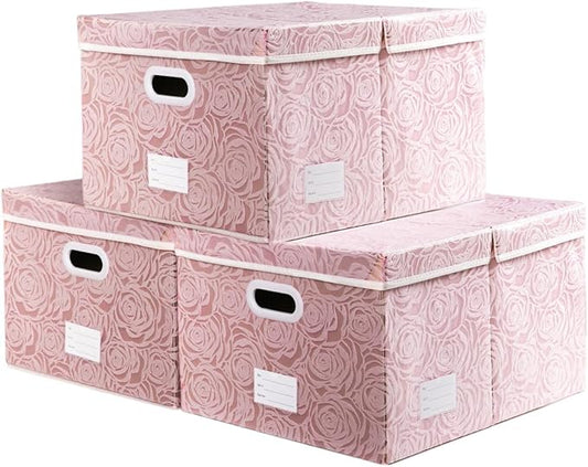 PRANDOM Jumbo Collapsible Storage Boxes with Lids Fabric Decorative Storage Bins Cubes Organizer Baskets with Cover Handles Divider for Bedroom Closet Living Room 23.2x15.7x11.6 Inch 3 Pack