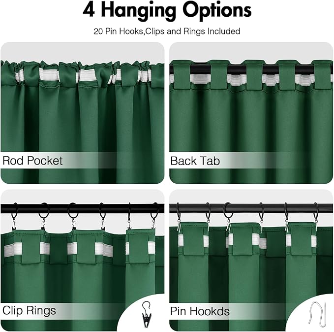 ANRODUO Back Tab Blackout Curtains for Bedroom Living Room, Rod Pocket Pinch Pleated Thermal Insulated Room Darkening Curtains 72 Inches Long 2 Panels, Hunter Green, 42 x 72 Inch