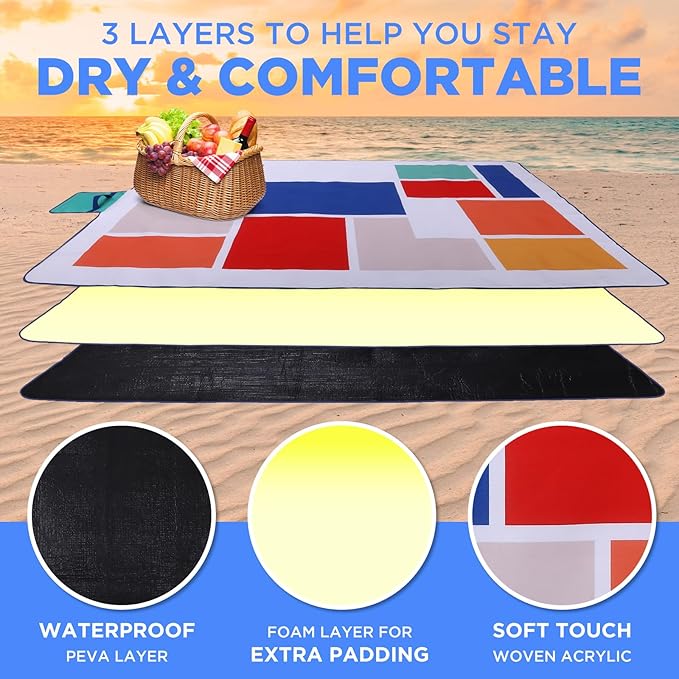 scuddles Extra Large Picnic Blanket – 79" x 59" Waterproof Outdoor Mat with 3-Layer Comfort Design, Easy Fold & Carry Strap for Beach, Camping, Hiking, Park & Family Fun
