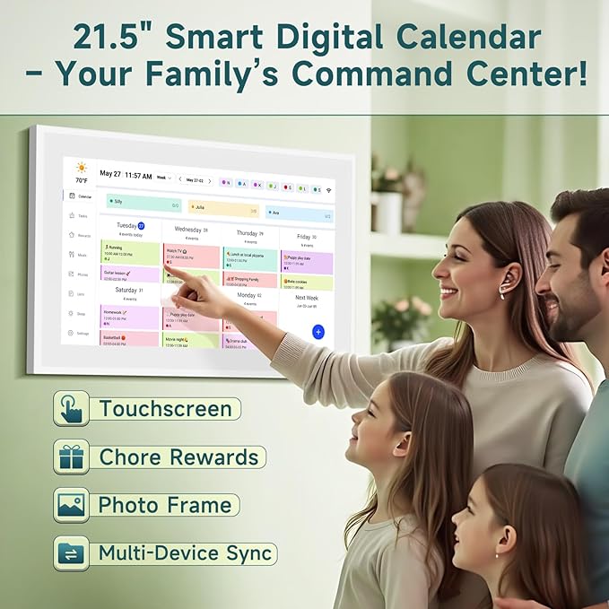 21.5 Inch Smart Digital Calendar – Electronic Chore Chart & Planner with 1920x1080P IPS Touchscreen, Weekly/Monthly Family Organizer for Wall or Desk, White 2025 New Version