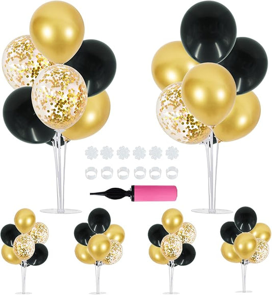 TONIFUL 6 Set Balloon Centerpieces for Table Black Gold Confetti Balloon Stand Kit for 2025 Graduation Party Decoration Birthday Anniversary Halloween 2025 Party Decorations