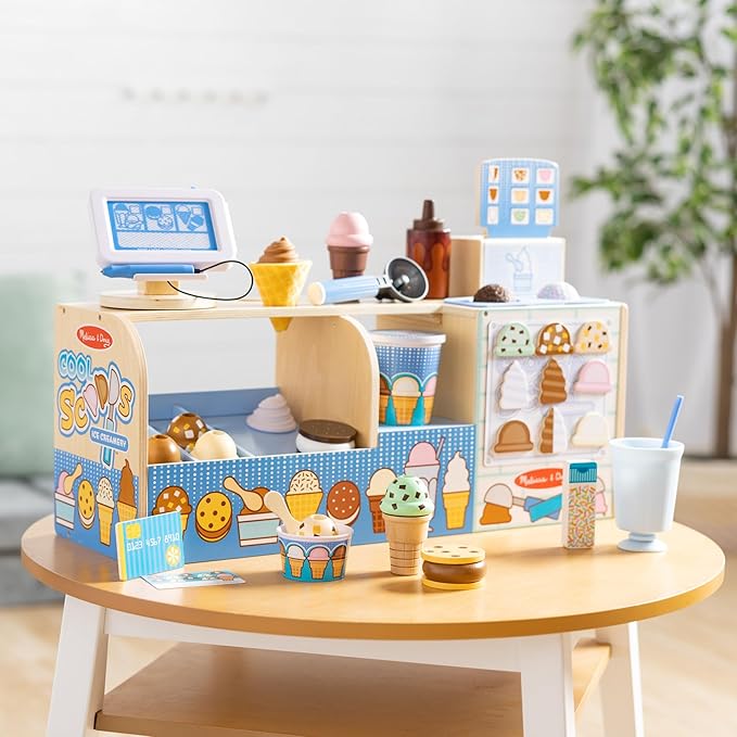 Melissa & Doug Wooden Cool Scoops Ice Creamery Play Food Toy Wooden Pretend Play Frozen Treats for Toddlers, Preschoolers, Boys and Girls - FSC-Certified