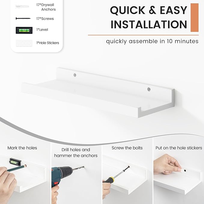 Floating Picture Ledge Shelves for Wall Set of 8, 16 Inch Solid Wood Wall Shelves with Lip Long Large Nursery Book Shelf for Toys Storage Kids Bookshelf Wall Mounted Living Room Bedroom Decor Frames