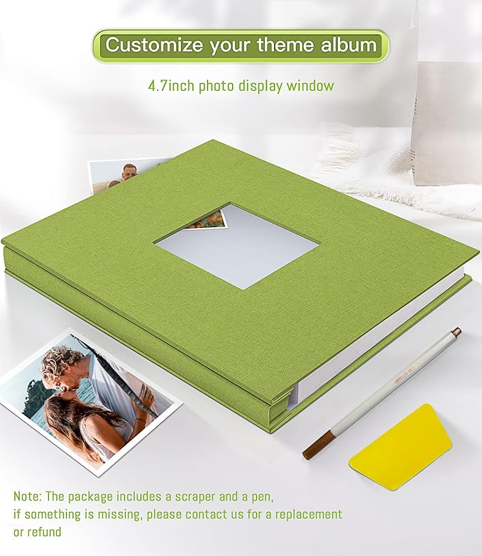 popotop Photo Album Self Adhesive with Picture Display Window,40 Pages DIY Scrapbooking Supplies Kit for 4x6 10x12 Picture,Linen Cover Memory Book for Baby Wedding, with Scraper and Metallic Pen