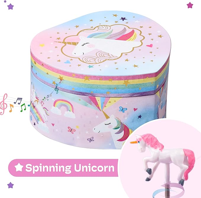 Jewelkeeper Music Jewelry Box for Girls - Sturdy Plastic with Fancy Mirror Twirling Unicorn Figurine and Flocked Lining - Kids Jewelry Box for Secrets and Keepsakes - Heart Shaped Unicorn Print