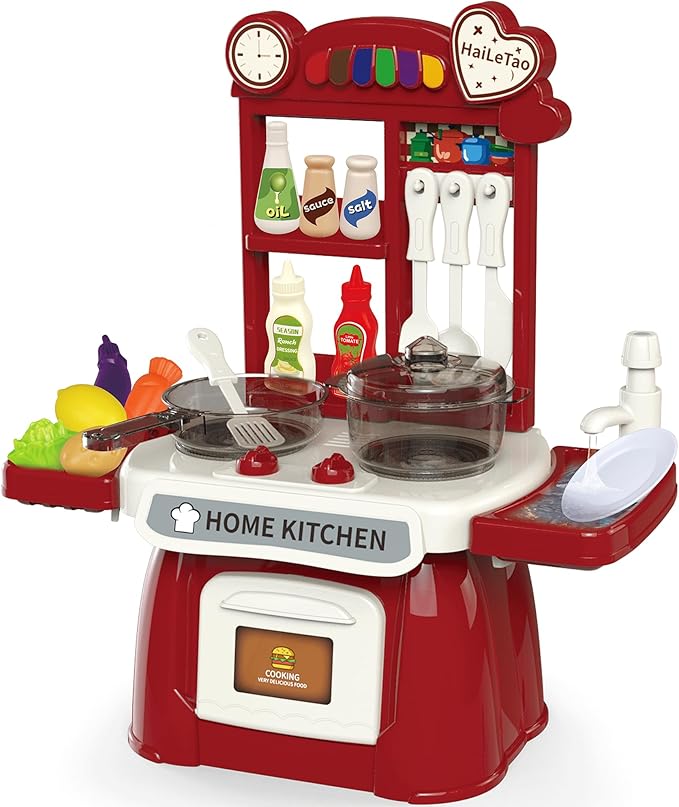 Kitchen Set for Toddler with Sound and Light，Pretend Cooking Food Set,Kids Kitchen Playset，Play Sink with Running Water and Electronic Induction Stove，Kitchen Accessories (red Kitchen Set)